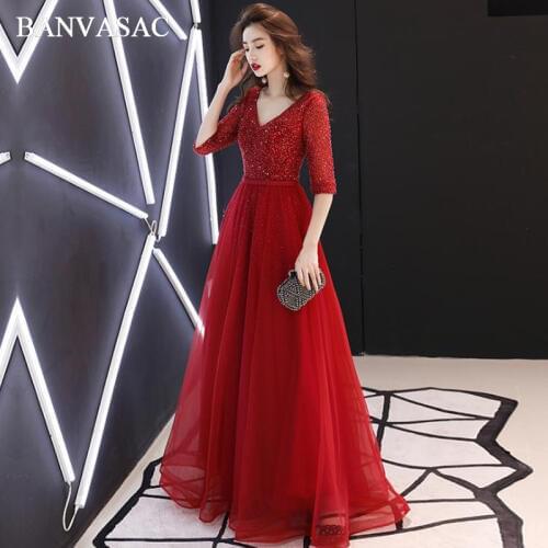 BANVASAC Luxury Beading Sequined V Neck Tulle A Line Long Evening Dresses Party Half Sleeve Sash Backless Prom Gowns