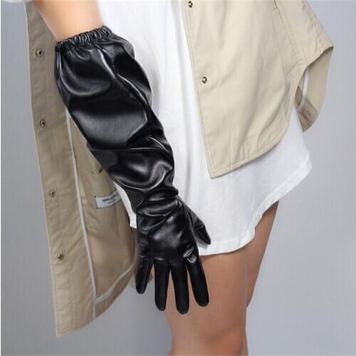 Touchscreen Long Gloves 50cm Faux Leather Balloon Puff Sleeves Black Male Female Elastic Band Leather Gloves PU167