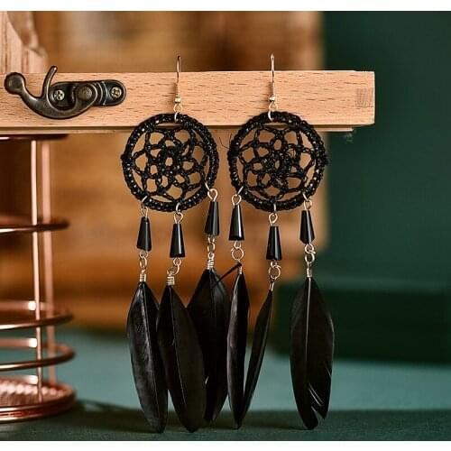 Ethnic Womens Black Feather Tassel Long Earrings Bohemian Summer Tibetan Jewelry Dream Catcher Round Waterdrop Indian Earrings