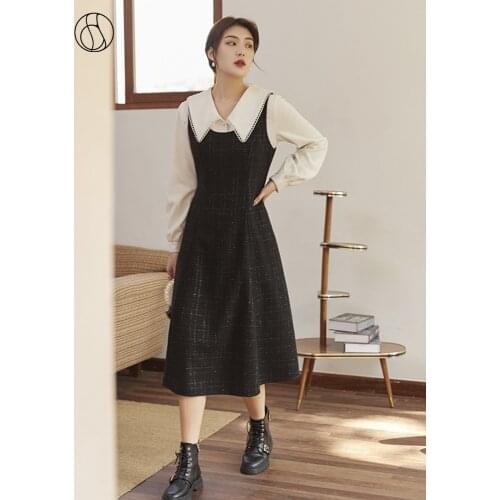 DUSHU Tweed Sleeveless Plaid Long Black Dress Women Slim Vitnage Plus Size Dress Sexy Hollow Out Autumn Winter Dresses Female