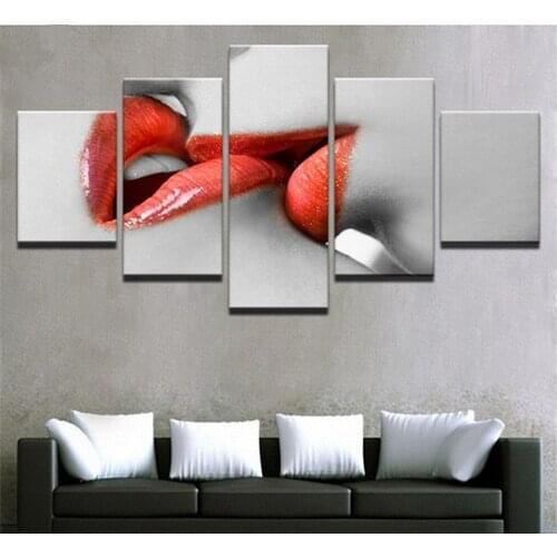Canvas Wall Art Pictures HD Prints Living Room Home Decor 5 Pieces Woman Red Lipstick Paintings Framework Red Lips Kiss Posters