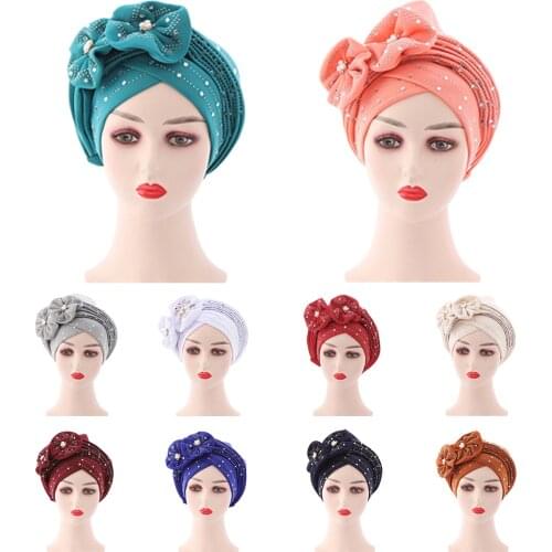 Beautiful Women Head Wrap African Headtie Nigerian Gele Headties with Beads Diamonds Stones for Party 2pcs Muslim Turban Fashion