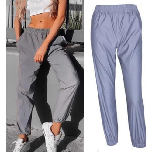 Fashion Reflective Joggers Gray Cargo Pants Women High Waist Solid Color Club Hip Hop Sport Casual Trousers Sweatpants Steetwear