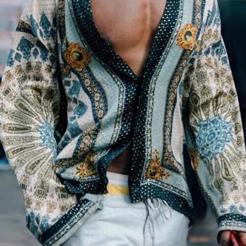 Men Shirt Printed Buttons Spring Summer Long Sleeve Turn-down Collar Top for Party Vintage Casual Fashion Streetwear Tops 2021