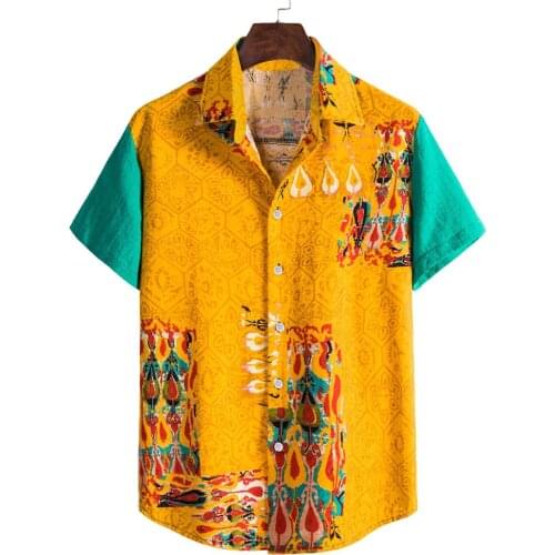55# Mens Shirts Vintage Printed Hawaiian Shirt Turn Down Collar Short Sleeve Button Casual Beach Shirt Cotton Linen Loose Blouse