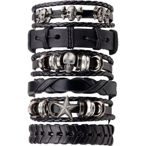 6pcs/pack Handmade PU Leather Black Men Braided Skull Star Decoration Mens Bracelet Multilayer Fashion Jewelry Best Gift