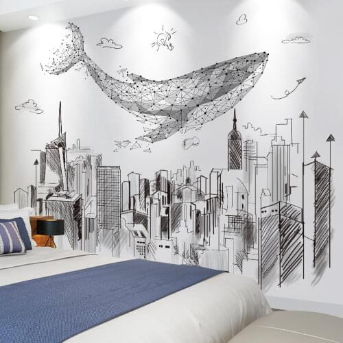 Cartoon Whale Animal Wall Stickers DIY Buildings Wall Decals for Kids Rooms Living Room Nursery Home Decoration