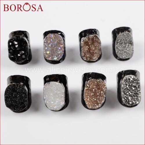 BOROSA 5PCS New Stylish Gun Black Color Rainbow Titanium Druzy Sparkling Drusy Ring for Women Girls Party Rings Jewelry B0890
