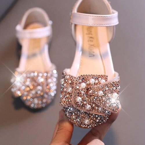 New Childrens Shoes Pearl Rhinestones Shining Kids Princess Shoes Baby Girls Shoes Party and Wedding Sandals Ankle Strap Shoes