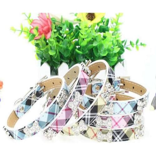 Stripe Dog Collar Durable PU Leather Adjustable Bling Rhinestone Bone Necklace Pet Puppy Collar S/M/L