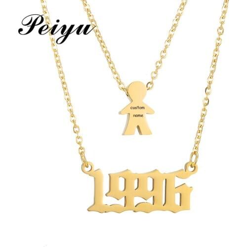 Personalized Boy Engrave Name Necklace Stainless Steel Layered Year Pendant Necklaces 1980 1985 1991 1994 1997 1998 1999 2000