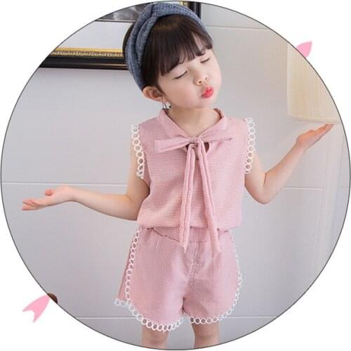 Explosion models fashion girls summer comfortable stitching lace new female baby childrens plaid summer short sleeve suit
