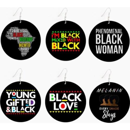 SANSHOOR Phenomenal Black Woman Wooden Drop Earrings Melanin Hoops Earrings Print Inspiring Sayings For Ladies Girls 6 Pairs