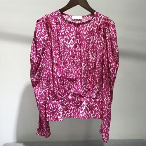 2022SS New Woman Printed Silk Blouse V-neck Long Puff Sleeves Fashion Tops