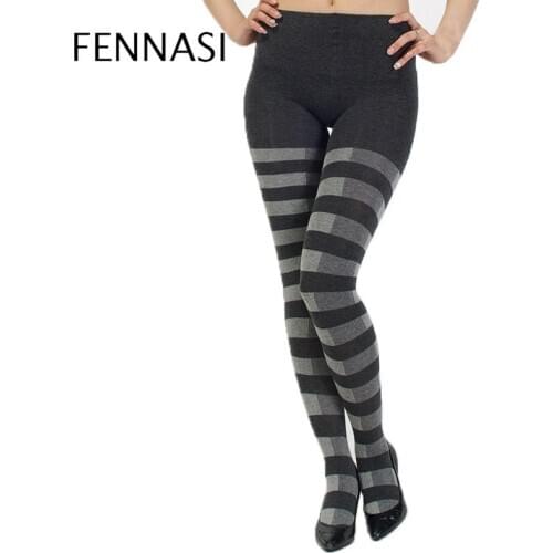 FENNASI Winter Women Thick Leggings High Waist Striped Large Sizes Warm Leggings Female Casual Cotton Push Up Leggings Pants
