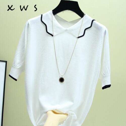 Summer Women sweater Pullover White Tops Short Sleeve Casual New Arrival 2019 Korea Lady Pull Femme Hiver Black Knitwear