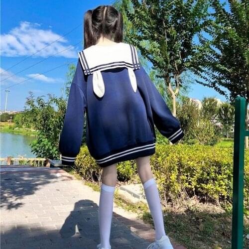 Deeptown Bunny Hoodie Women Kawaii Sailor Collar Sweatshirt with Lush Sleeves Korean 2021 Casual E Girl Bow Tracksuit Cute Tops