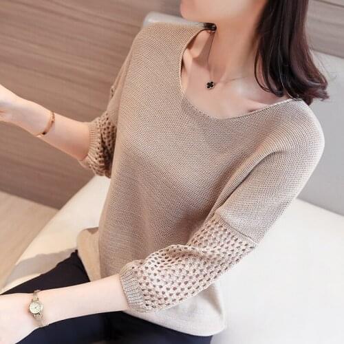 Long Sleeves Knitwear for Women Hollow Out Round Neck Sweater Knit Tops Solid Knitted Tops