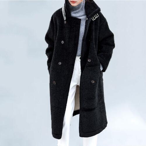 2019 Winter Women Faux Fur Coat Double Breasted Overcoat Office Ladies Loose Thicken Warm Fleece Long Faux Fur jacket Outerwear
