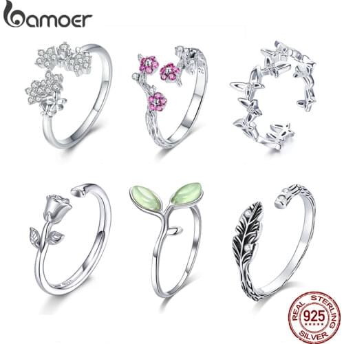 Bamoer Authentic 925 Sterling Silver Plant Series Flower Butterfly Rings Adjustable Size for Women Luxury Wedding Jewelry GAR021