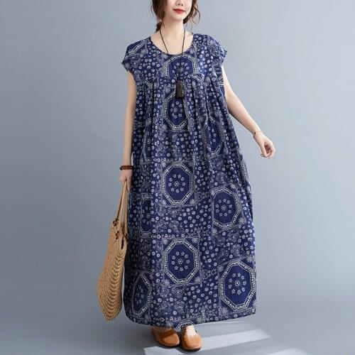 2021 New Arrival Short Sleeve Loose Summer Dress Cotton Linen Print Floral Vintage Dress Plus Size Women Travel Casual Dress
