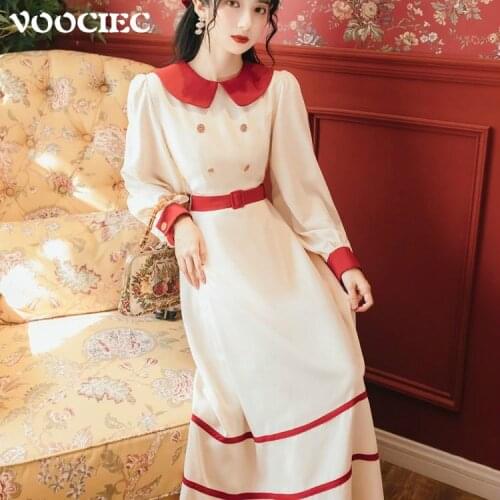 VOOCIEC Spring Autumn Woman Retro Dress French Court Retro Mori Girl Style Long Sleeve Puff Sleeve Length Literary Girl Dress
