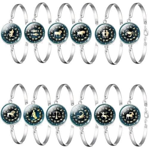 12 Constellation Zodiac Sign Bracelets Charm Virgo Libra Scorpio Glass Cabochon Bracelet Bangle Jewelry Birthday Gift