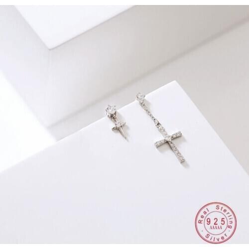 925 Sterling Silver Nordic Exquisite Crystal Pavé Cross Asymmetry Stud Earrings Women Luxurious Temperament Engagement Jewelry