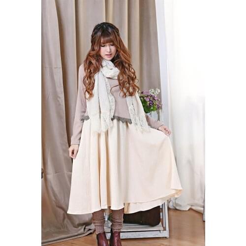 Cottagecore Mori Girl Harajuku Vestidos Embroidery Lace Patchwork Cotton Linen Knitted Mujer Women 2 Pcs Set Long Sleeve Dress