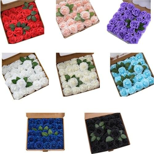 Artificial Flowers Plus Leaves Wedding Bouquets Foam Fake Roses With Stems 25pcs Gift 25 Flowers/box Home Decor Bubble Flower