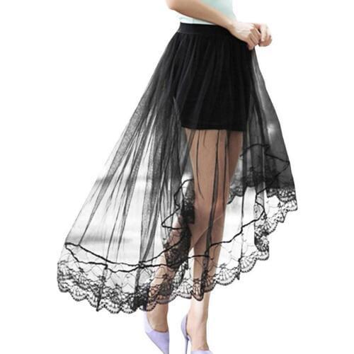 Women Girls Summer High Waist Layered Sheer Mesh Swallowtail Midi Long Skirt Asymmetric Scalloped Lace Hem Pleated Party