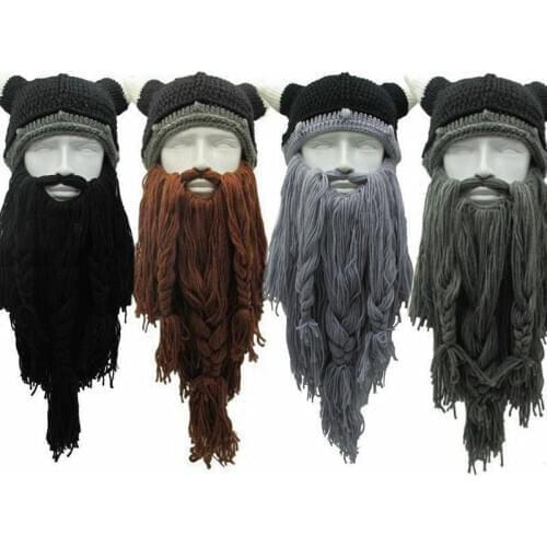 Men Women Barbarian Viking Handmade Knit Horn Hat with Detachable Long Fake Beard Funny Crazy Cosplay Warm Beanie Cap
