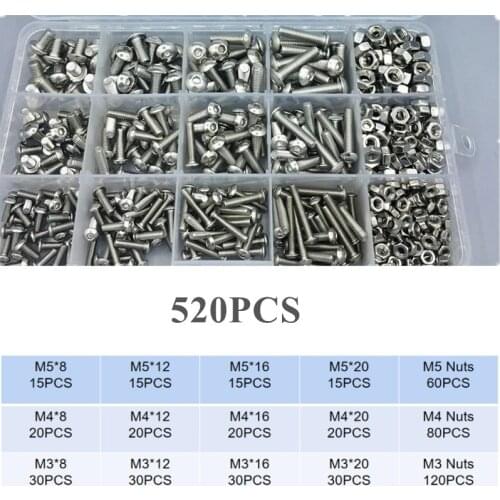Screws 520Pcs M3 M4 M5 Hex Hexagon Socket Screw Set Stainless Steel Flat Round Cap Head Screw Kit Bolts and Nuts Allen Bolts Set