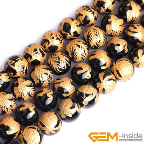 Natural Black Agates Carved Dragon Turtle Tiger Phoenix Round Accessorries Loose Spacer Beads For Jewelry Making Strand 15 Inch