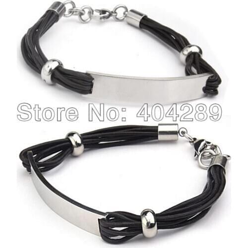 Wholesale 10pcs Black/Dark coffee Genuine Leather 316L Stainless Steel ID Bracelets