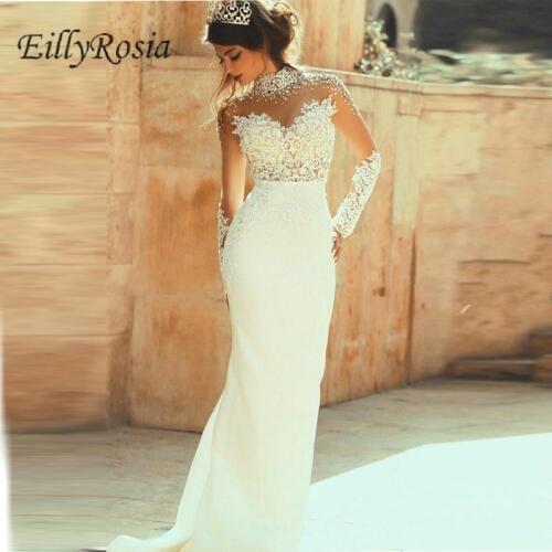 High Neck Long Sleeve Wedding Gowns Mermaid Open Back Sexy See Through Lace Applique Beading Lebanon Bride Dress Bridal Backless