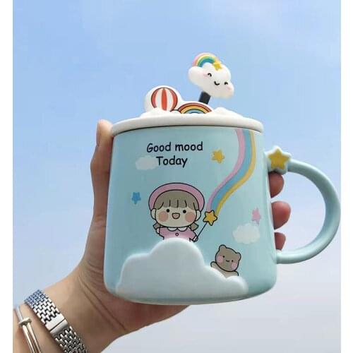 Cute Girly Heart Ceramic Mug With Lid Spoon Creative Personality Trend Coffee Mugs Large Capacity Milk Tea Office Breakfast Cup