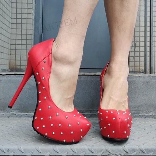 DOBANER Women Pumps Round Toe Rivets Platform High Heels Cosplay Female Footwear Party Shoes Woman Large Size 42 46 47 50 52