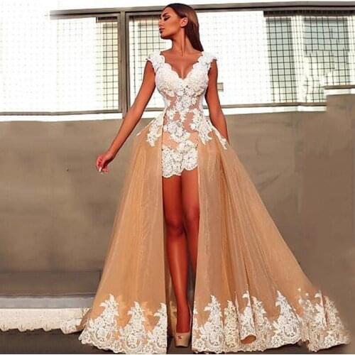 SoDigne Champagne Lace Mermaid Formal Evening Dresses Sexy V-Neck Appliques Saudi Arabic Long Prom Gown Custom Made