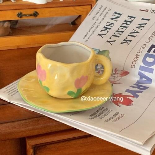 Vintage yellow tulip hand pinch coffee cup dish set afternoon tea ceramic cup water cup