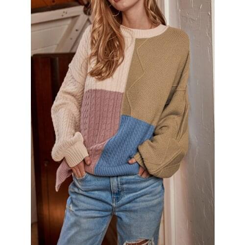 Knitted Women Warm Sweater Elegant Loose Square Oversized Basic Stitching Pullovers Female Casual O Neck Lantern Sleeve Tops