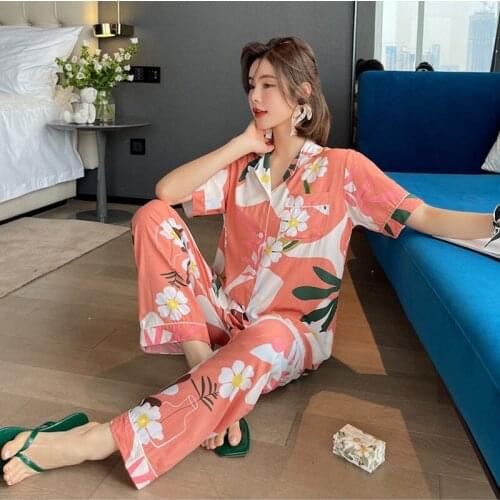 Youhottest Short Sleeves Long Pants Silk Pajamas Two Piece Set Women Sleepwear