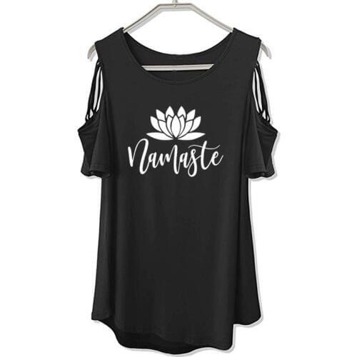 Namaste Flower Letter Print Shirt Fashion Girlfriend Vegan Lover Gift Off Shoulder Vintage T-Shirt Women Hollow Femme Shirts Top