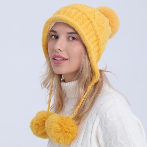 Women Winter Plush Lining Thick Cable Knit Cute Pompom Ball Earflap Trapper Cap Thermal Ear Warmer
