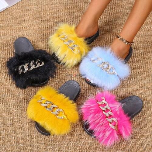 Hot Sale Party Fur Slippers Women Faux Fur Sliders Furry Slippers Flats Rhinestone chain Slides Women Home Warm Flip Flops