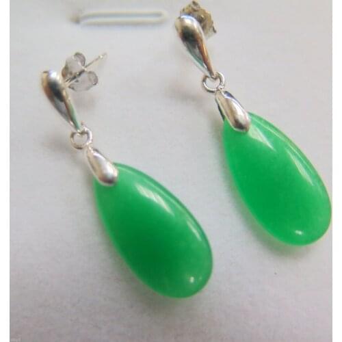 NEW Pure S925 Sterling Silver Green jade Women Drop Dangle Earrings