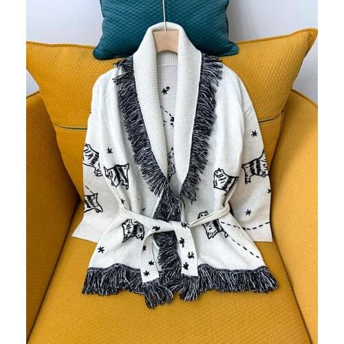 2020 Autumn High Quality Women Tassel Wool Embroidery Knitted Cardigans Coat Female Fashion Sweater 2 Color