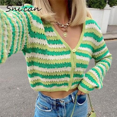 Green Striped Sweater Za V Neck Loose Office Ladies Crop Tops Gilet Femme Manche Longue Autumn Women Cardigan Femme 2021 New