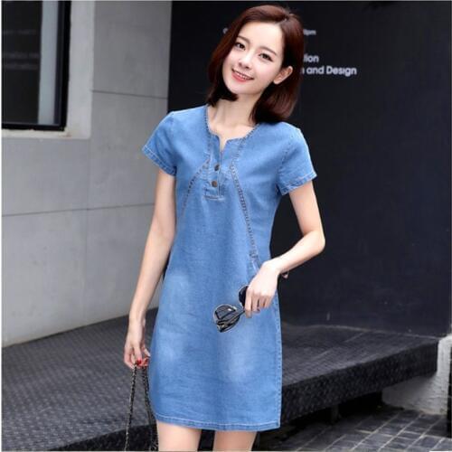 2019 Explosion cowboy dress female spring summer Plus size slim loose denim dress V-neck short-sleeved sexy short women dress