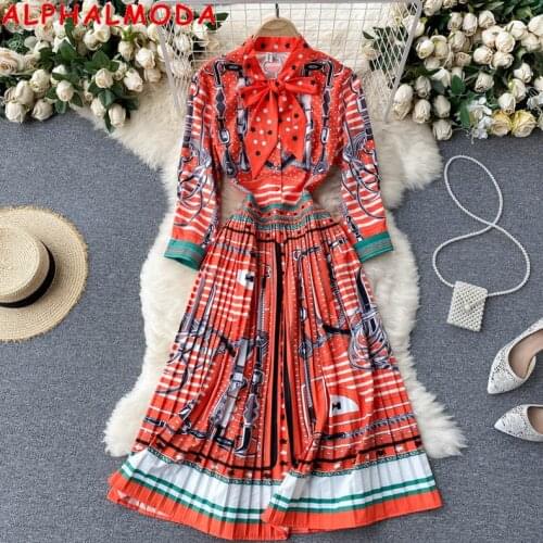 ALPHALMODA 2021 Autumn Three Quarter Sleeve Bow Collar Vintage Women Printed Shirt Dress Pleated A-line Fashion Dress